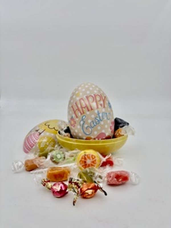 Påskeegg i metall, fylt med karameller/drops (Happy Easter)