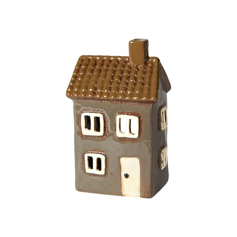 Telys Hus, brun keramikk, 9 x 7 cm, H:15 cm