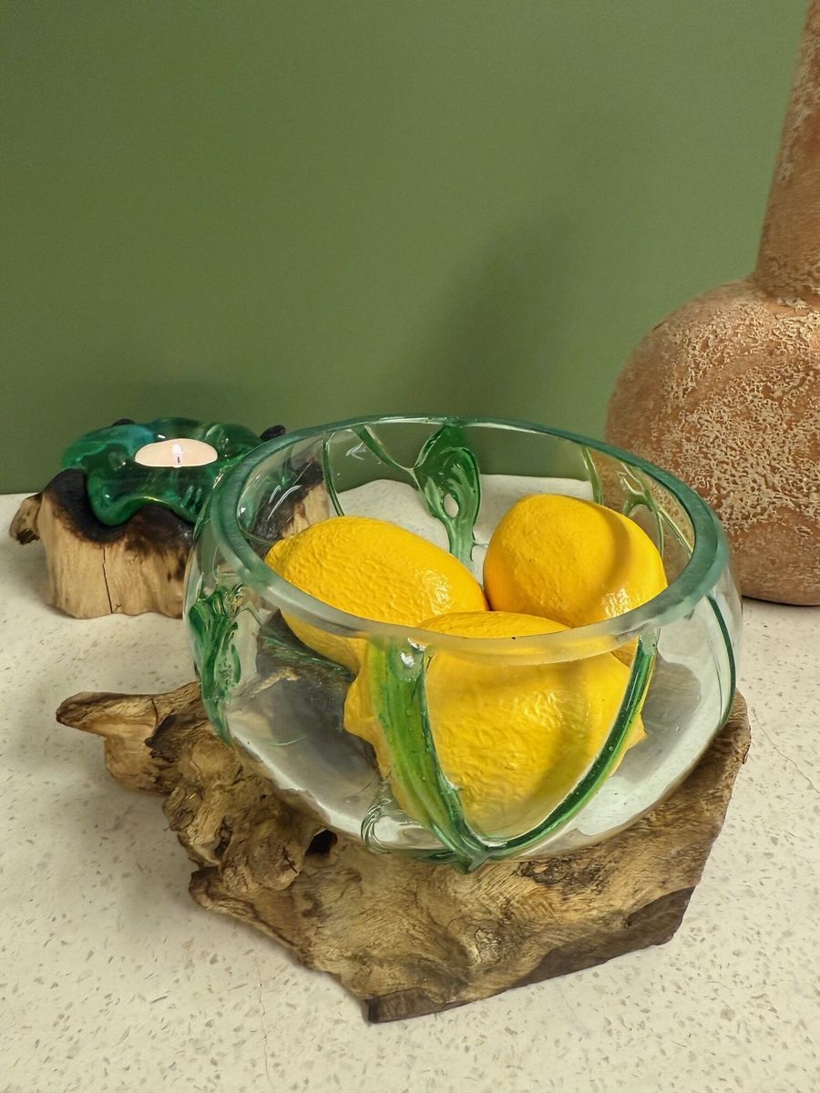 Glasskål på trädrot 15 cm grønt glass 