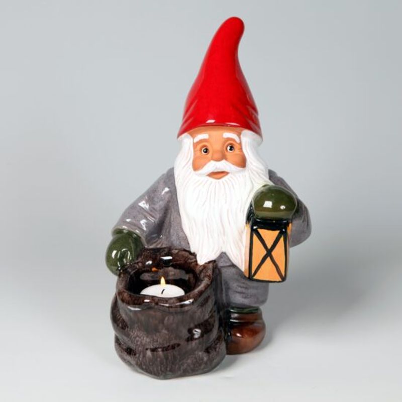 Nisse (stor) med sekk, lykt og telysholder, H:30 cm